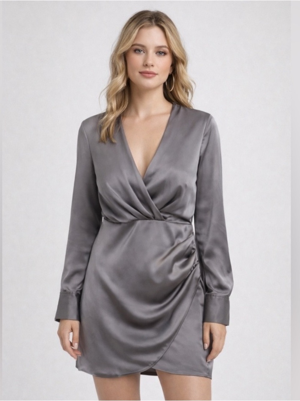 Zara Silver-Gray Satin Wrap Mini Dress